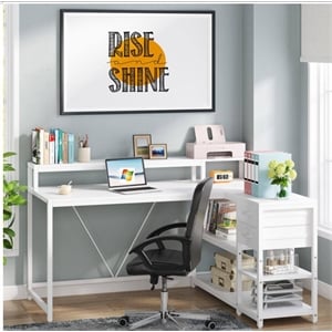 55&quot L-Shaped Home Office Desk with Monitor Riser/Drawers/Storage Shelves