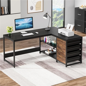 59&quot L-Shaped Computer Desk with Drawers and Storage Shelves