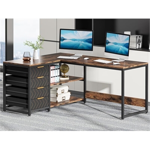 59&quot L-Shaped Computer Desk with Drawers and Storage Shelves