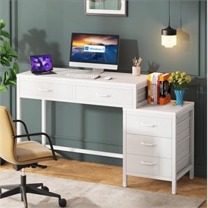51&quot Reversible Computer Desk with 5 Drawers and File Cabinet/White