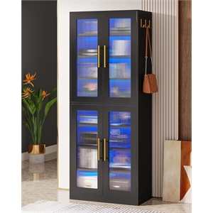 67&quot Tall Black Bookcase with Doors/LED & 8 Adjustable Shelves Storage