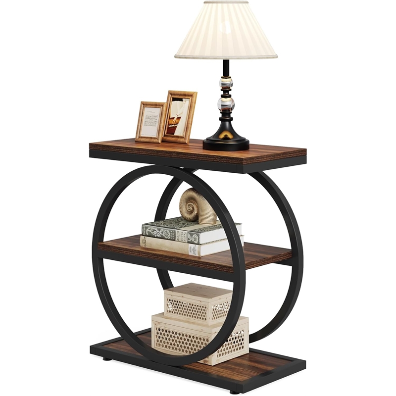 End Table Set of 2/Narrow with 3 Storage Shelves/Wooden Side