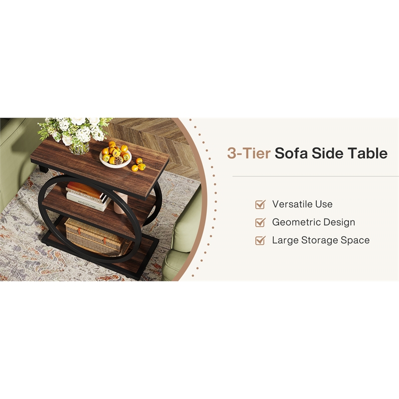 End Table Set of 2/Narrow with 3 Storage Shelves/Wooden Side