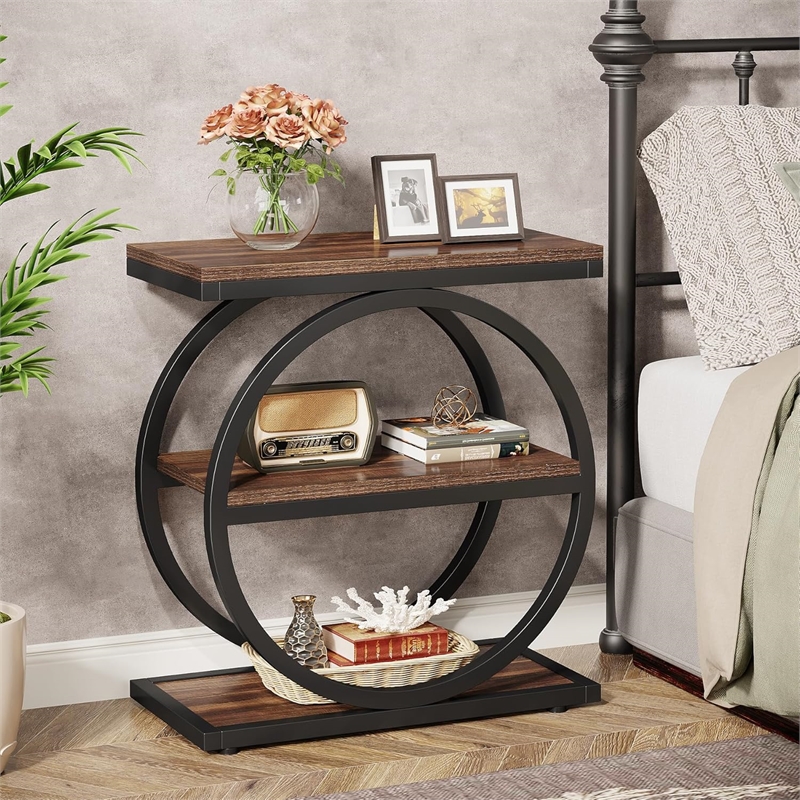 End Table Set of 2/Narrow with 3 Storage Shelves/Wooden Side