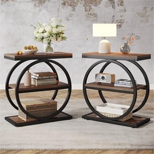 End Table Set of 2/Narrow with 3 Storage Shelves/Wooden Side