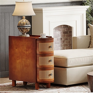 10.62&quot Narrow Rattan 3-Drawer End Table/Walnut & Oak Slim Nightstand
