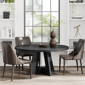 47&quot Round Farmhouse Dining Table - Black Wood Kitchen for 4/Breakfast Nook