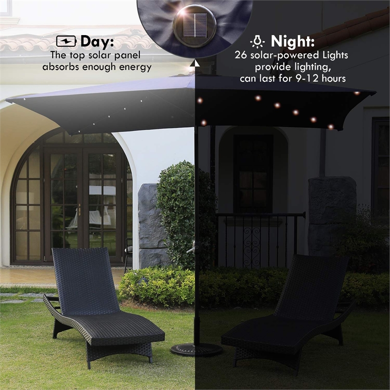 Moootto Rectangular Waterproof Fabric Patio Umbrella & Solar Lights in Navy