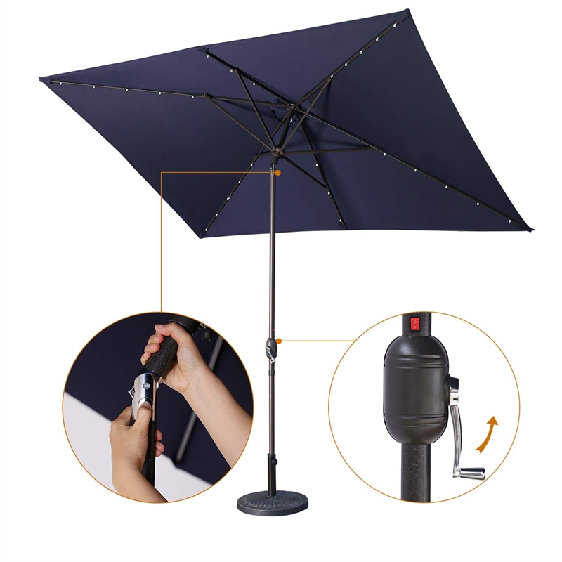 Moootto Rectangular Waterproof Fabric Patio Umbrella & Solar Lights in Navy