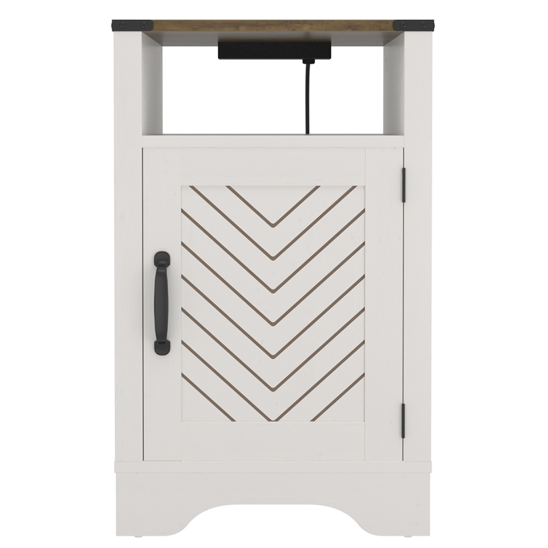 Farmhouse Nightstand Side End Table with Charging Station - White & Rustic