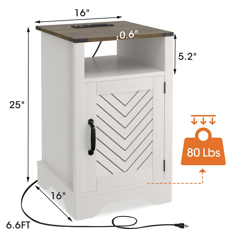 Farmhouse Nightstand Side End Table with Charging Station - White & Rustic