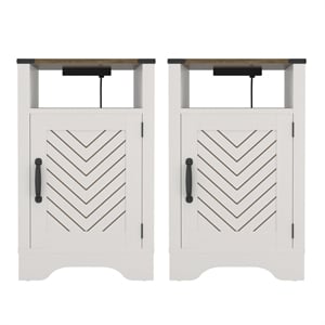 Farmhouse Nightstand Side End Table with Charging Station 2 Sets White & Rustic