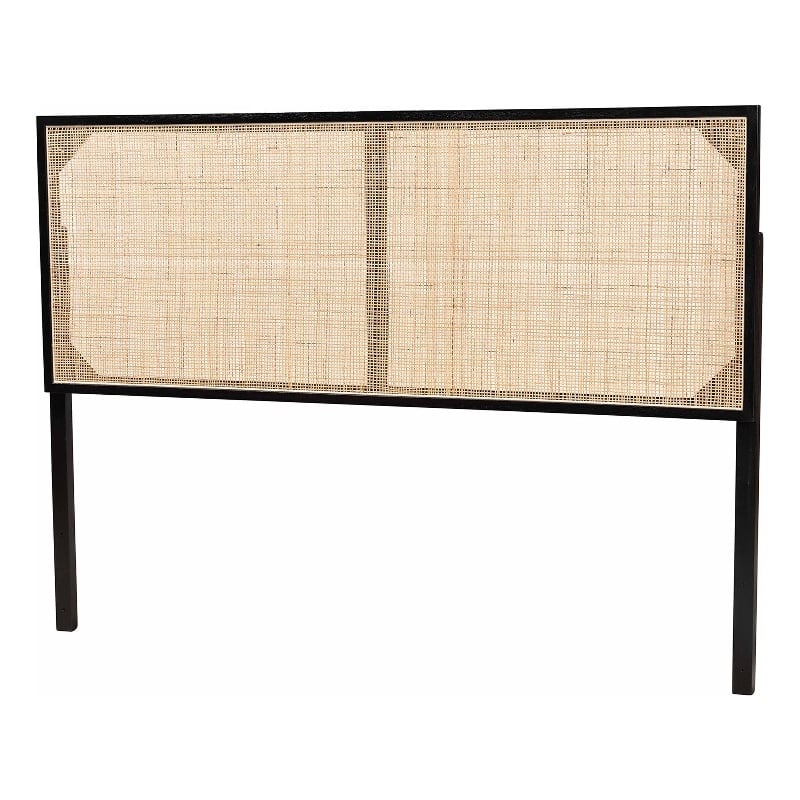 bali & pari Aurelia Black Bayur Wood and Natural Rattan Queen Size Headboard
