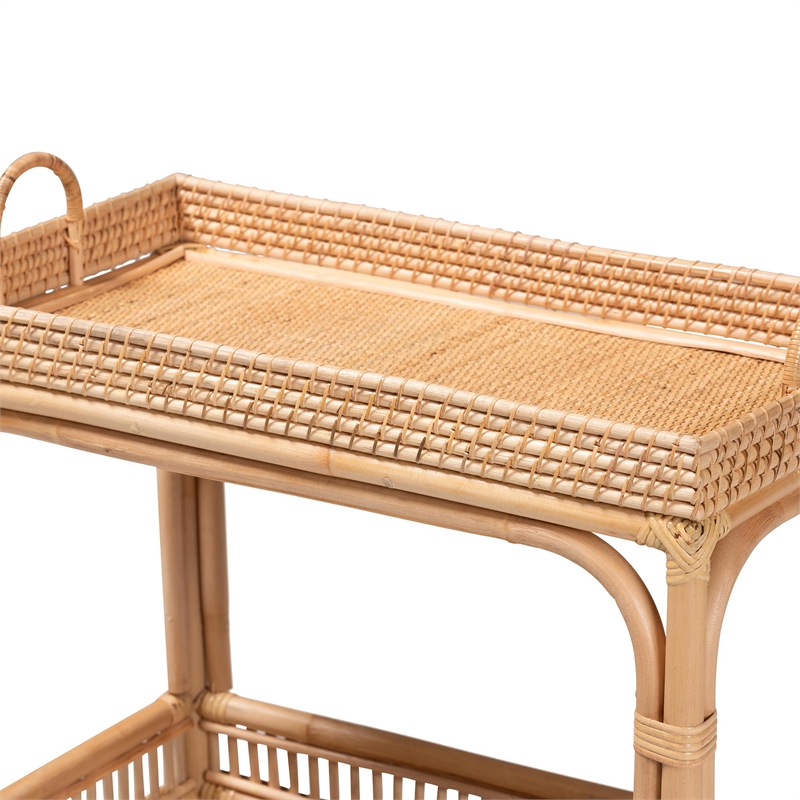 bali & pari Lombok 1-Shelf Modern Rattan & Wood Wine Cart in Natural Brown