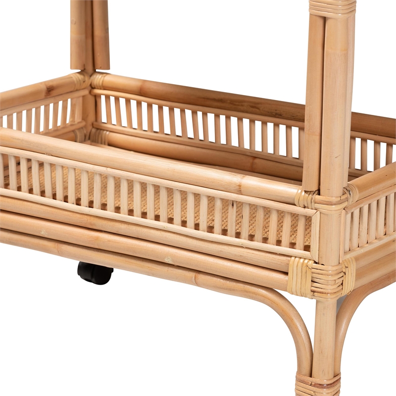 bali & pari Lombok 1-Shelf Modern Rattan & Wood Wine Cart in Natural Brown