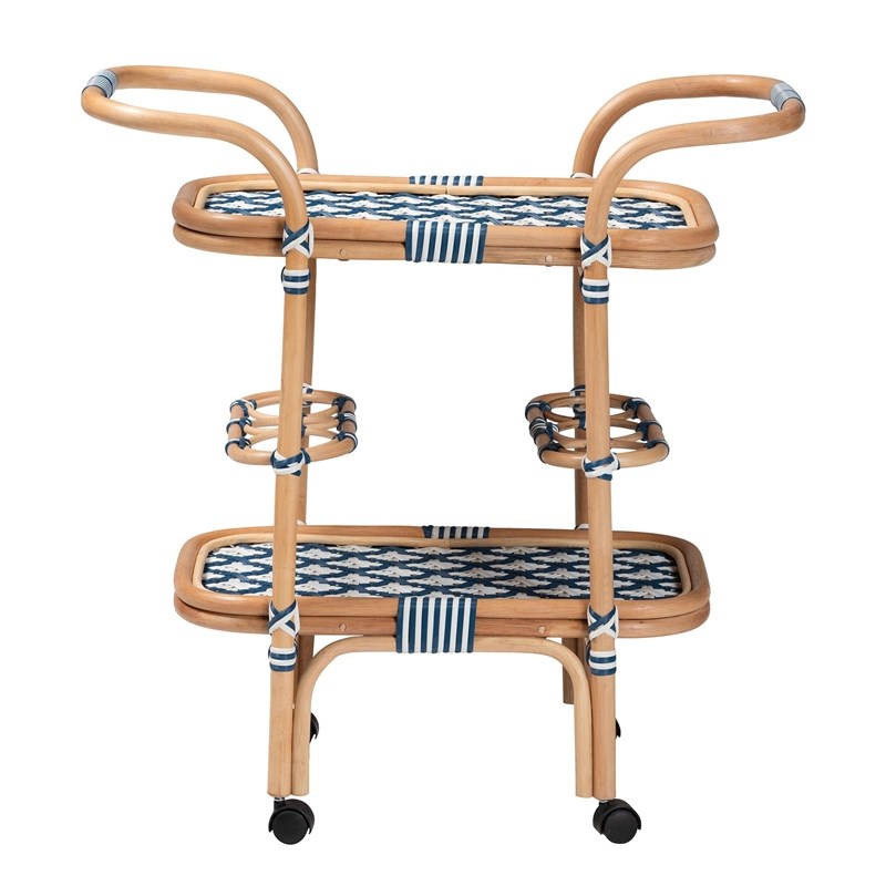 bali & pari Chasca Wood & Natural Rattan Wine Cart in Blue and White