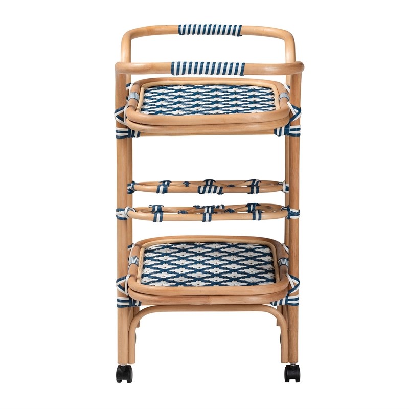bali & pari Chasca Wood & Natural Rattan Wine Cart in Blue and White