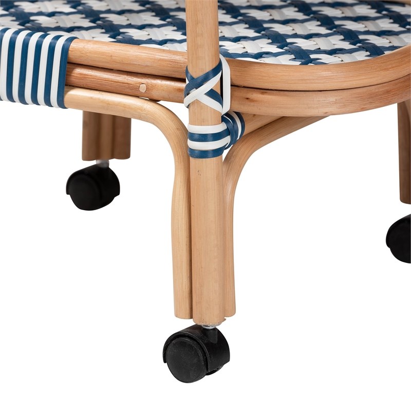 bali & pari Chasca Wood & Natural Rattan Wine Cart in Blue and White