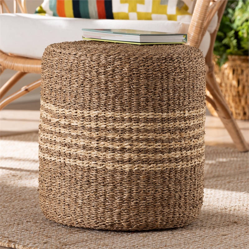 bali & pari Wickham Round Seagrass Rattan Ottoman Footstool in Natural Brown