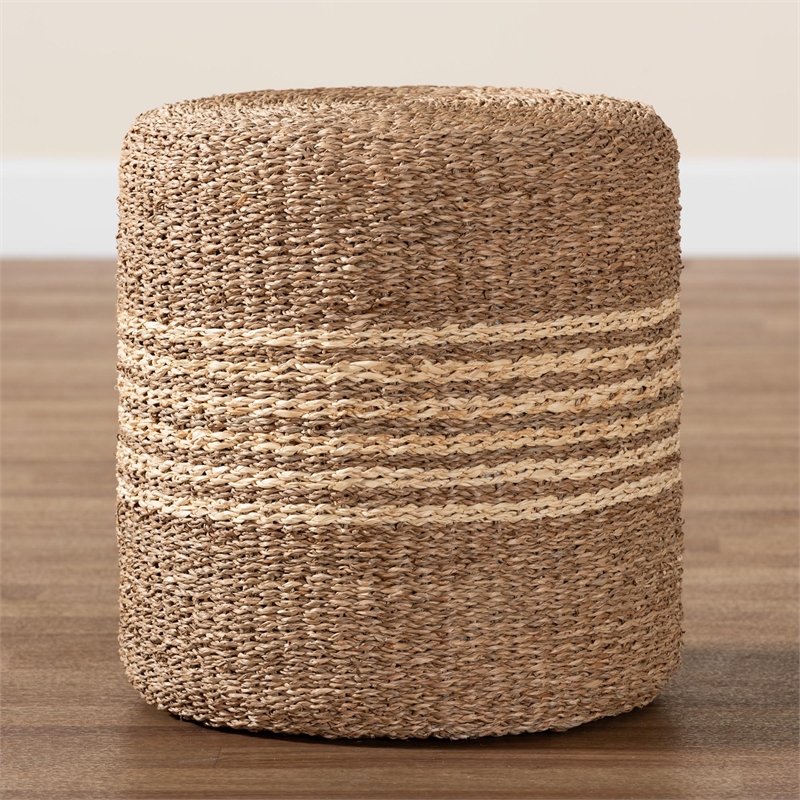 bali & pari Wickham Round Seagrass Rattan Ottoman Footstool in Natural Brown