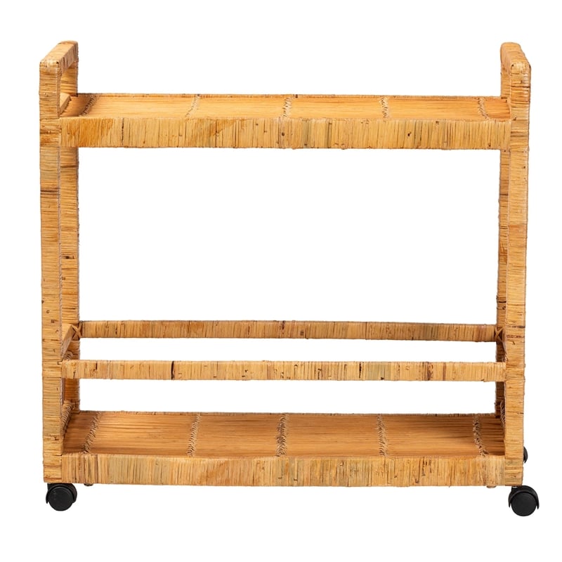 bali & pari Genet Natural Brown Rattan and Teak Wood 2-Tier Kitchen Cart