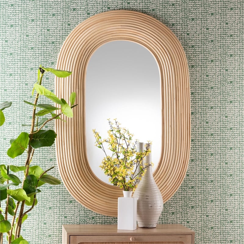 bali & pari Drucilla Bohemian Natural Brown Rattan Oval Accent Wall Mirror