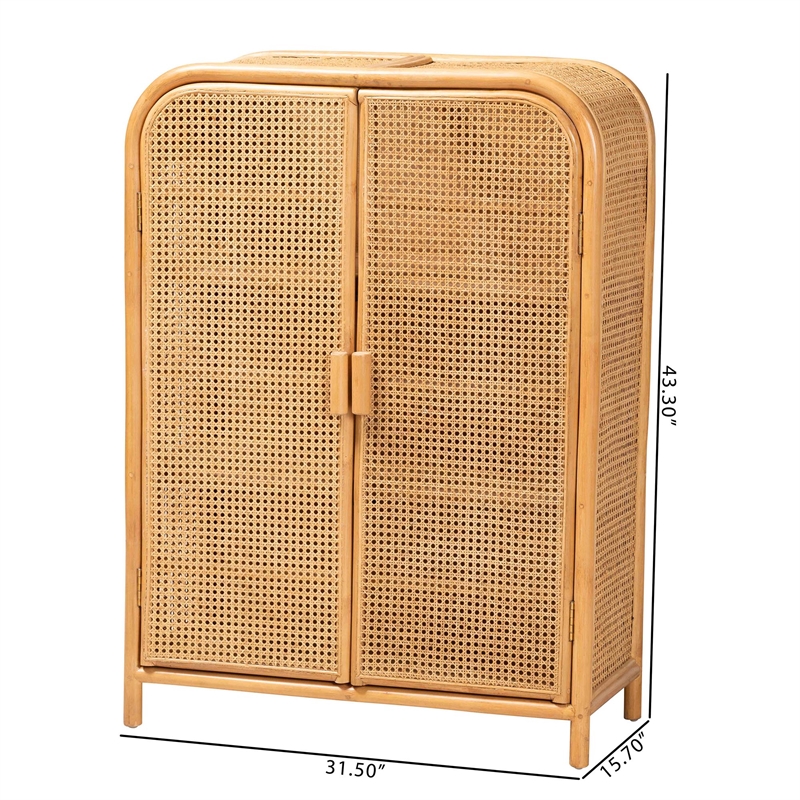 bali & pari Curacao Modern Bohemian Light Honey Rattan 2-Door Storage Cabinet