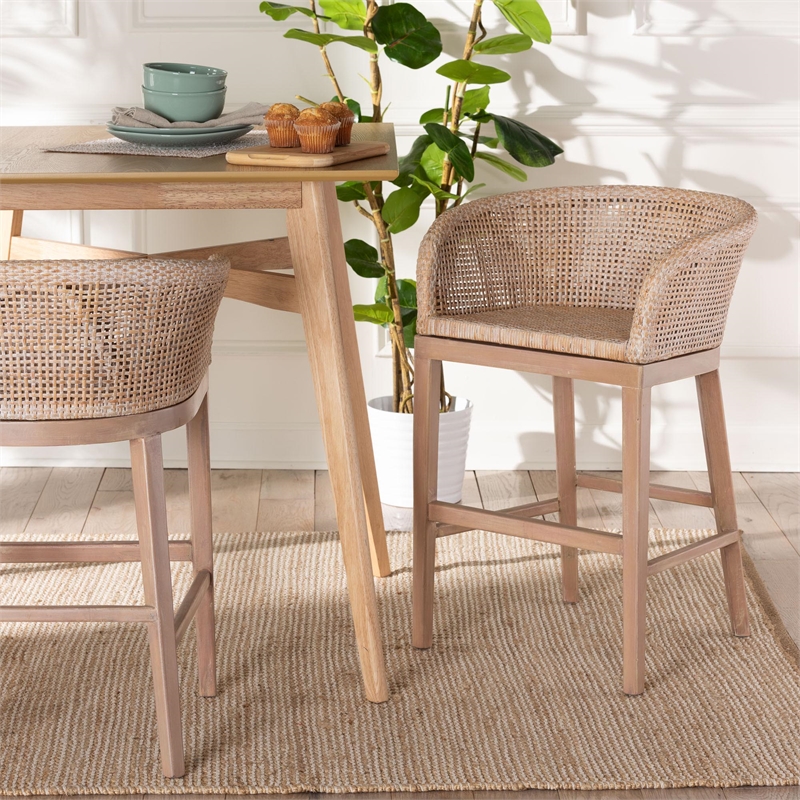 bali & pari Papua Antique White Washed Rattan and Mahogany Wood Counter Stool