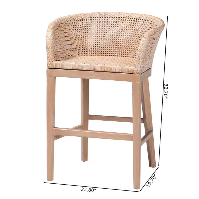 bali & pari Papua Antique White Washed Rattan and Mahogany Wood Counter Stool
