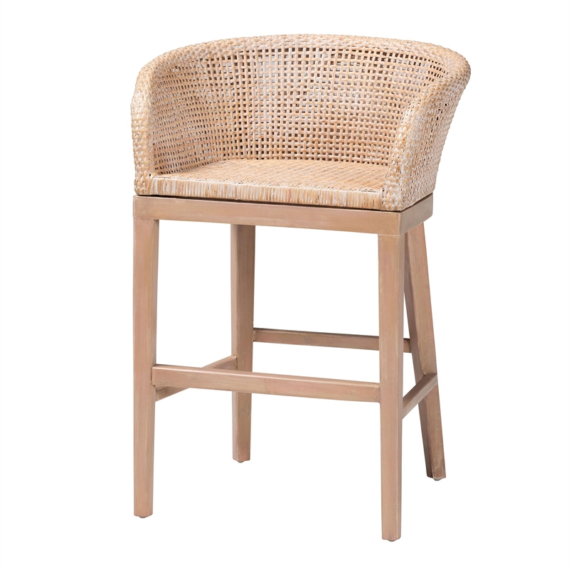 bali & pari Papua Antique White Washed Rattan and Mahogany Wood Counter Stool