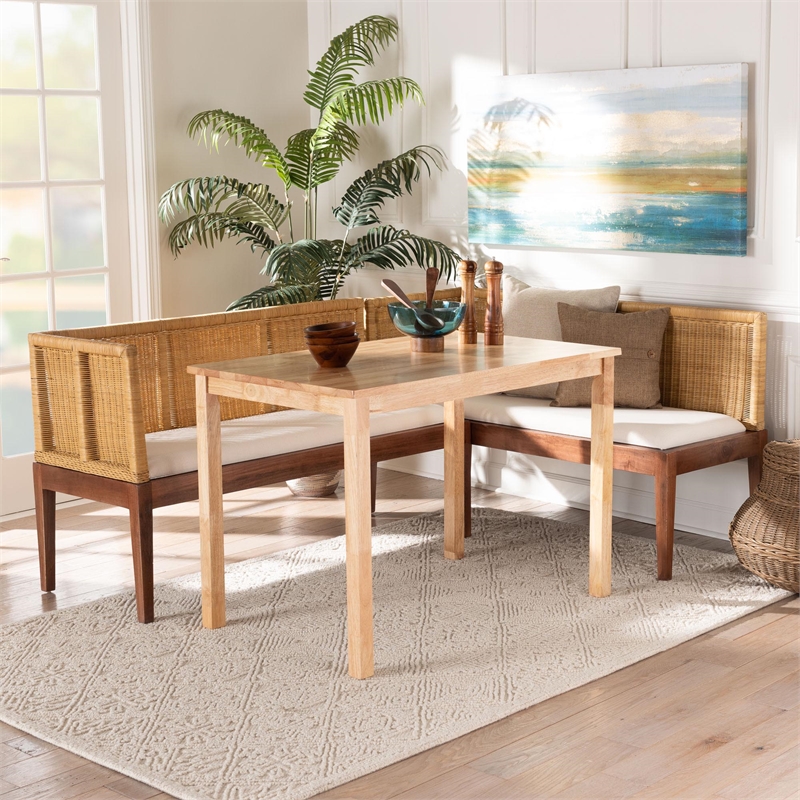 bali & pari Tabanan Brown Rattan and Brown Acacia Wood 3-Piece Dining Nook set