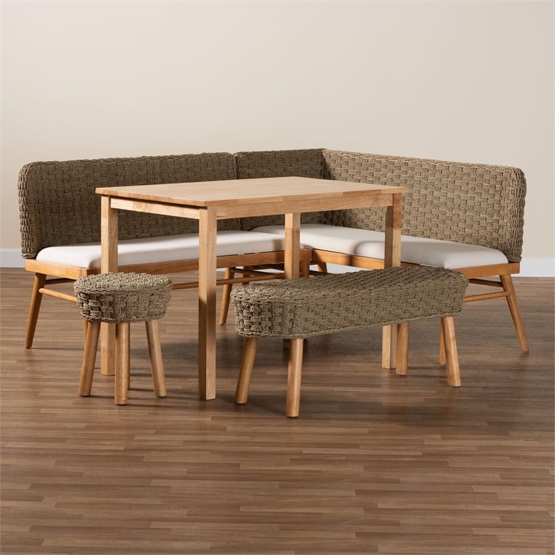 bali & pari Denver Natural Seagrass and Acacia Wood 5-Piece Dining Nook Set
