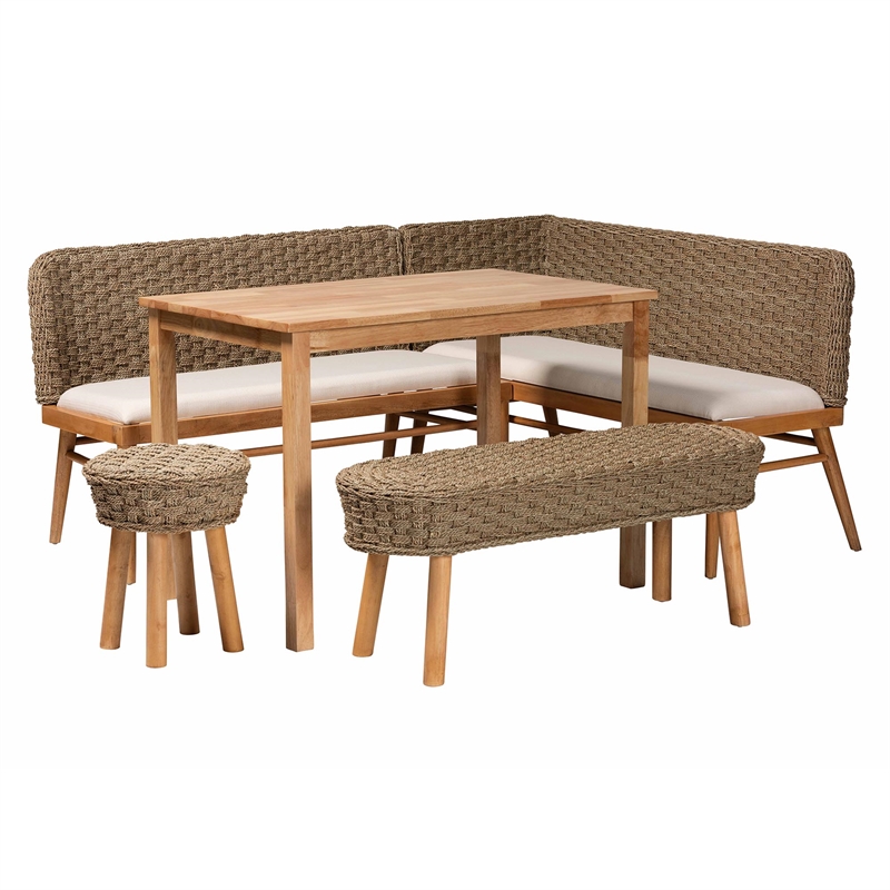 bali & pari Denver Natural Seagrass and Acacia Wood 5-Piece Dining Nook Set