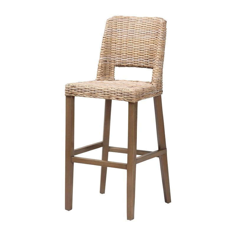 bali & pari Magy Modern Bohemian Gray Kubu Rattan and Mahogany Wood Bar Stool
