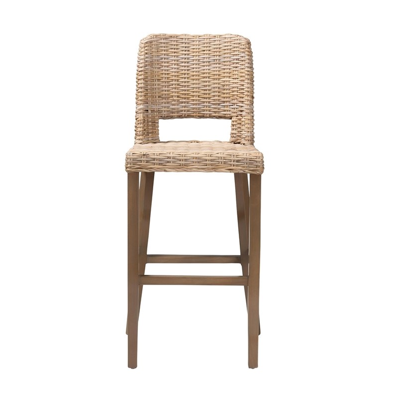 bali & pari Magy Modern Bohemian Gray Kubu Rattan and Mahogany Wood Bar Stool