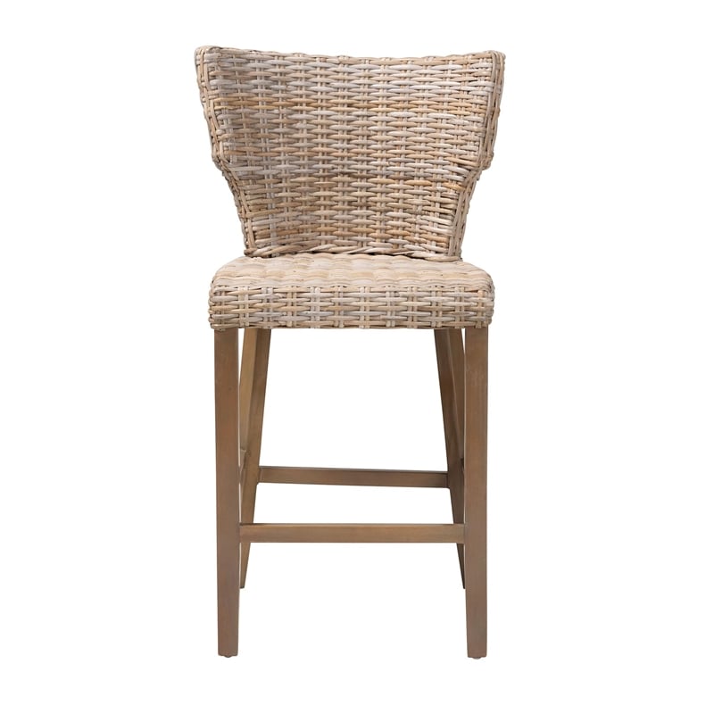 bali & pari Enver Bohemian Gray Kubu Rattan and Mahogany Wood Counter Stool