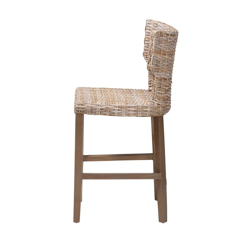 bali & pari Enver Bohemian Gray Kubu Rattan and Mahogany Wood Counter Stool