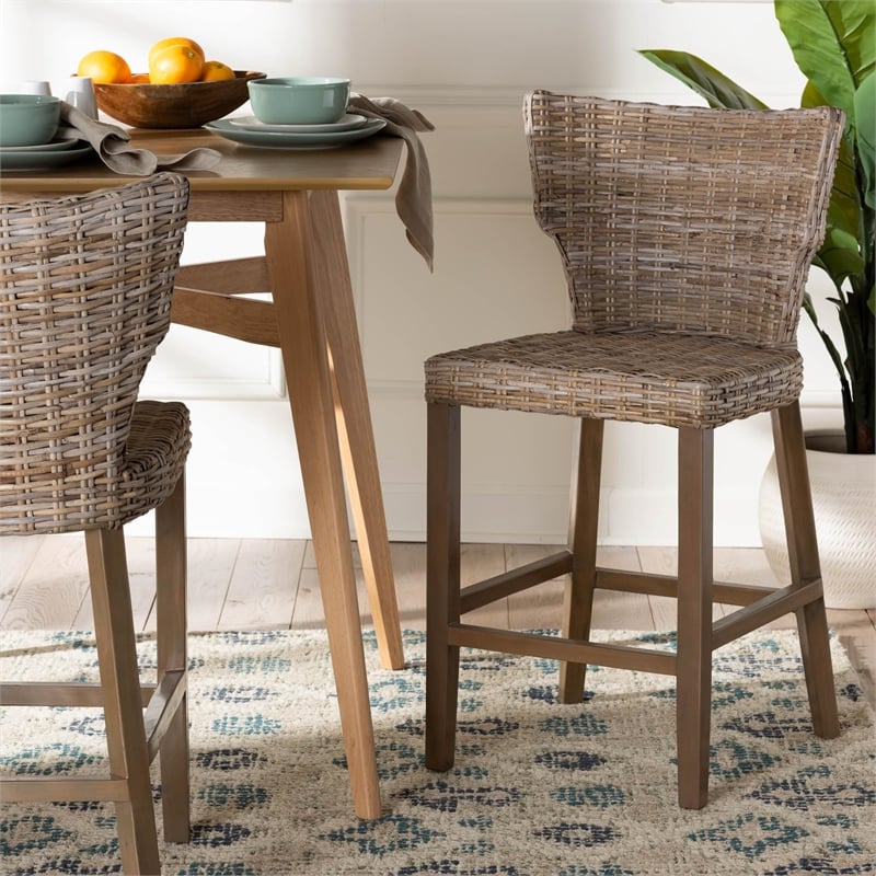 bali & pari Enver Bohemian Gray Kubu Rattan and Mahogany Wood Counter Stool