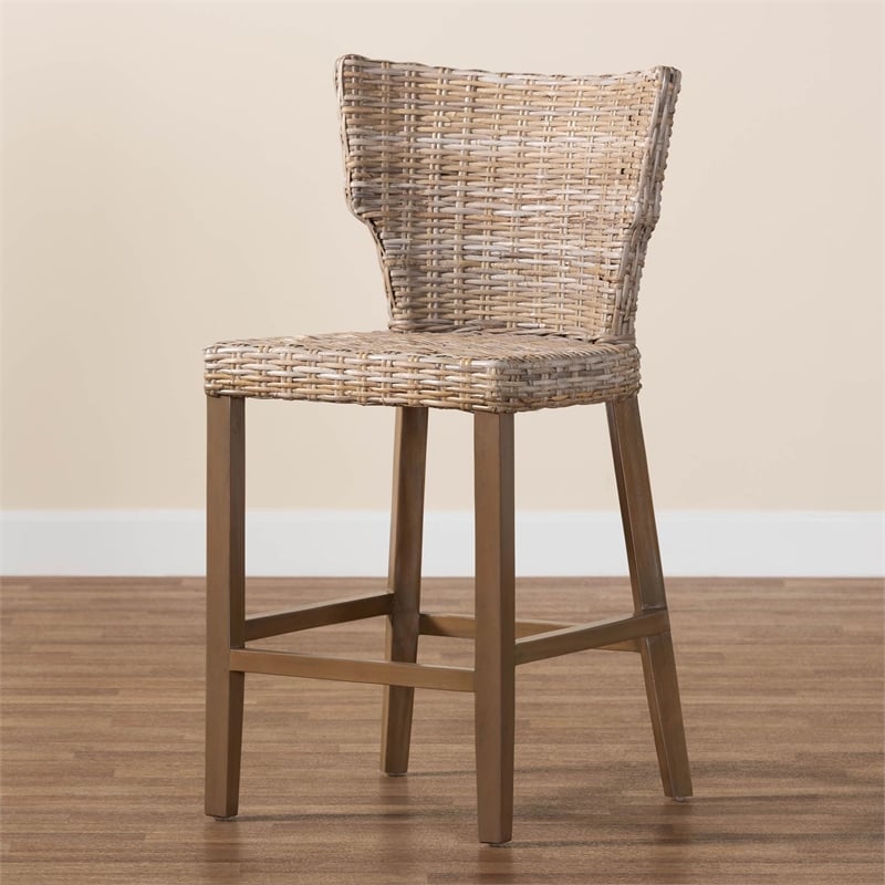 bali & pari Enver Bohemian Gray Kubu Rattan and Mahogany Wood Counter Stool