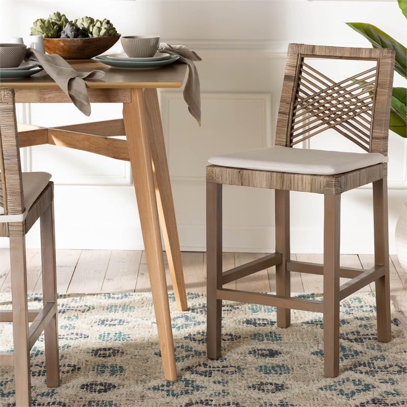bali & pari Poltak Gray Natural Kubu Rattan and Mahogany Wood Counter Stool