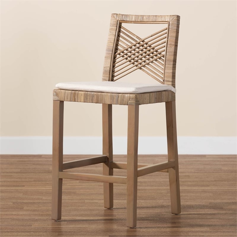bali & pari Poltak Gray Natural Kubu Rattan and Mahogany Wood Counter Stool