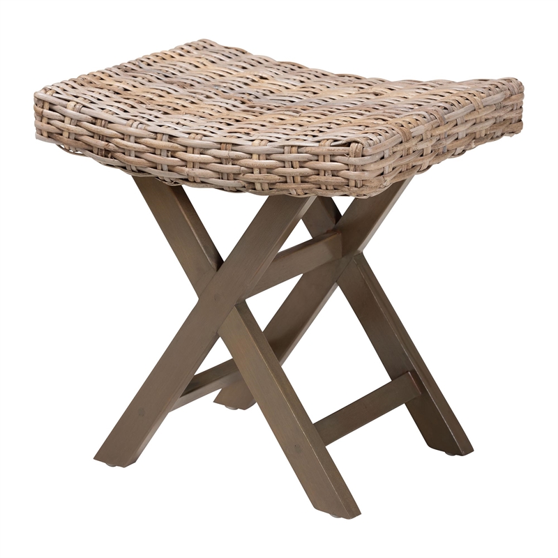 bali & pari Hayate Gray Kubu Rattan and Mahogany Wood Ottoman Footstool