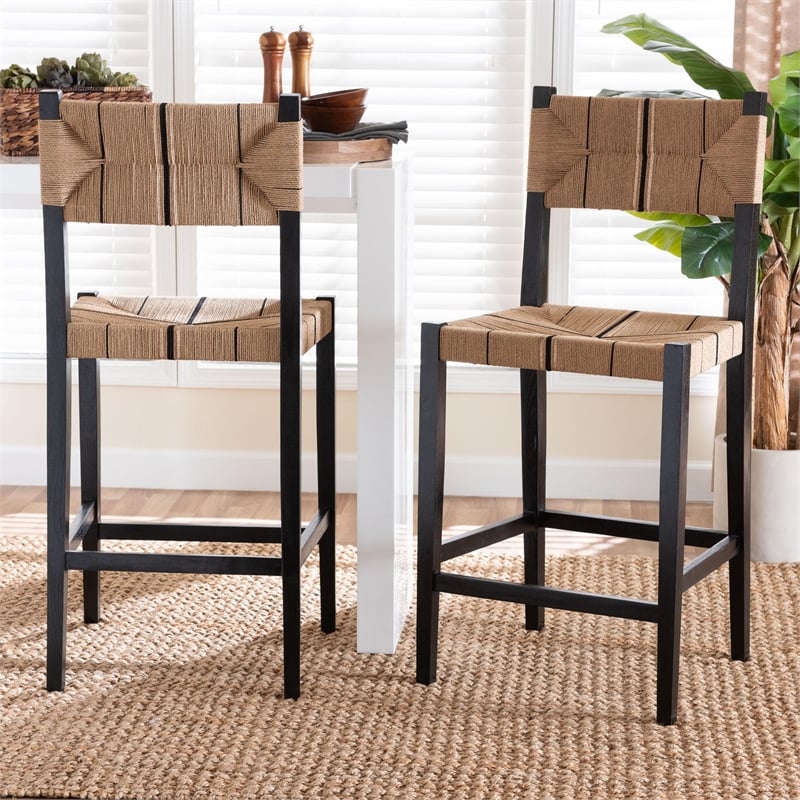 bali & pari Prita Paper Loom and Black Mahogany Wood 2-Piece Bar Stool Set
