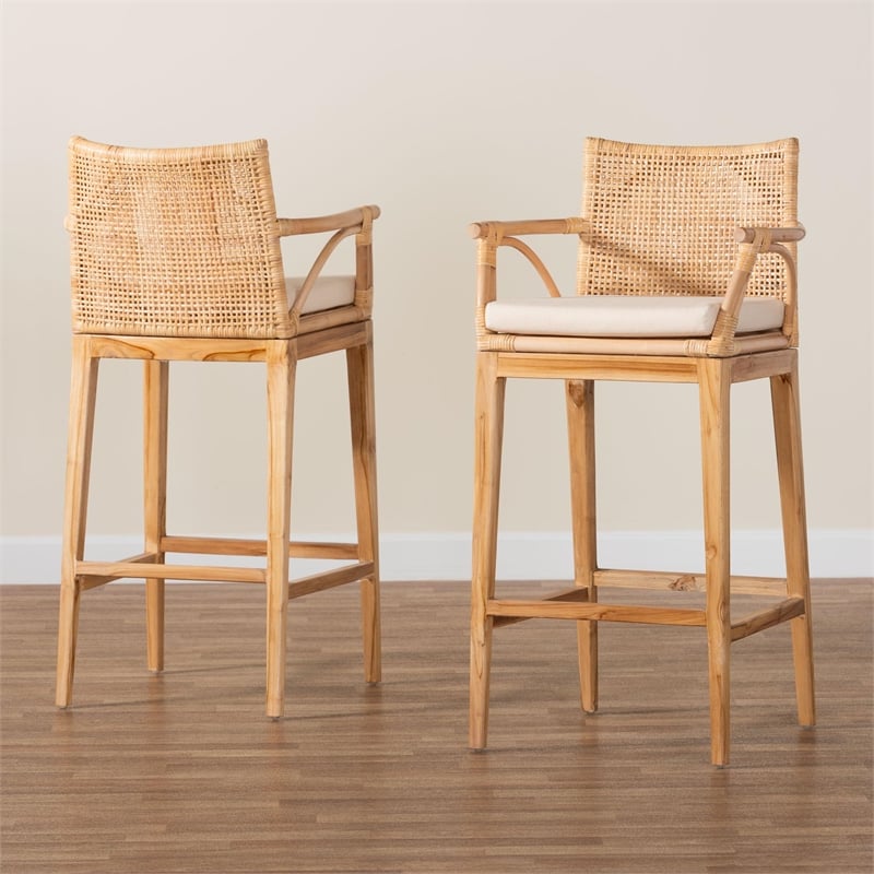 bali & pari Storsel Bohemian Natural Rattan and Teak Wood 2-Piece Bar Stool Set