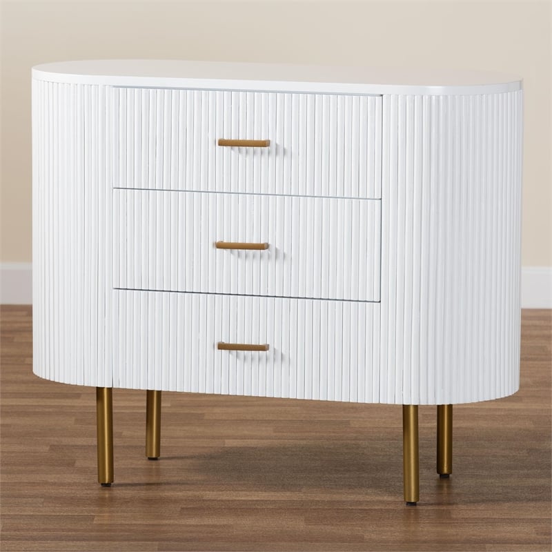 bali & pari Beyla Mid-Century White Fluted Wood and Gold Metal 3-Drawer Dresser