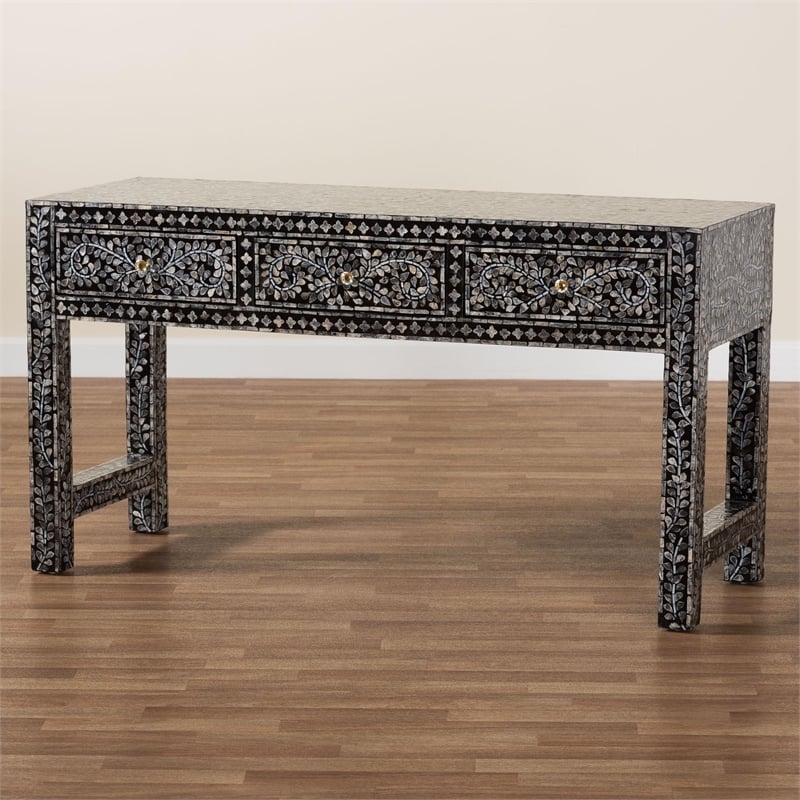 bali & pari Elara Black and White Capiz Shell 3-Drawer Console Table