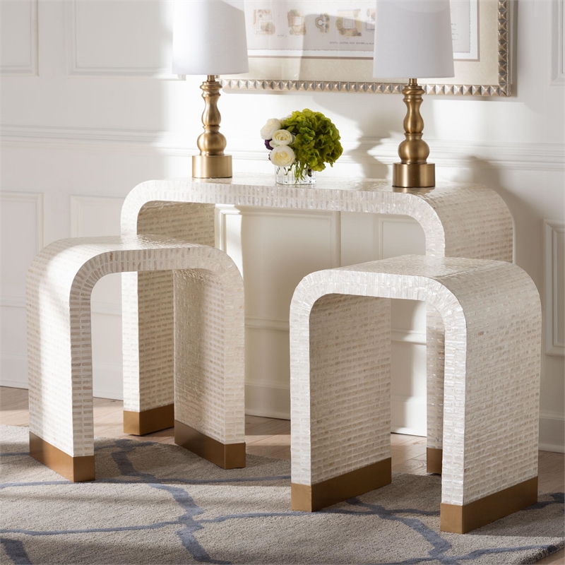 bali & pari Carlyn Beige and White Capiz Shell 3-Piece Accent Table Set