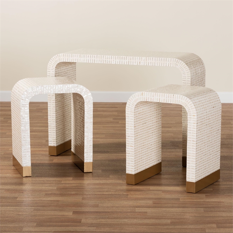 bali & pari Carlyn Beige and White Capiz Shell 3-Piece Accent Table Set
