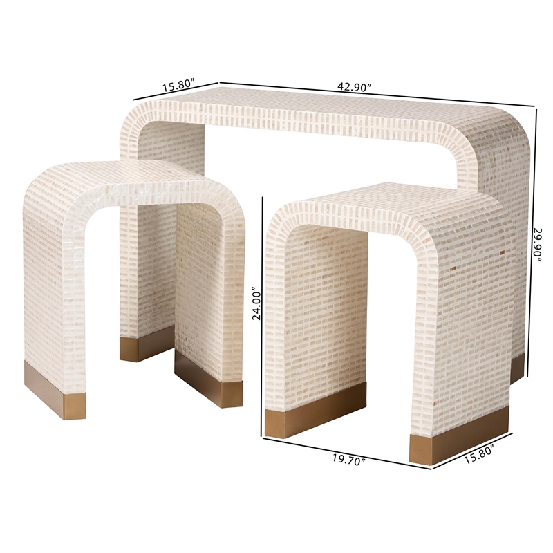 bali & pari Carlyn Beige and White Capiz Shell 3-Piece Accent Table Set