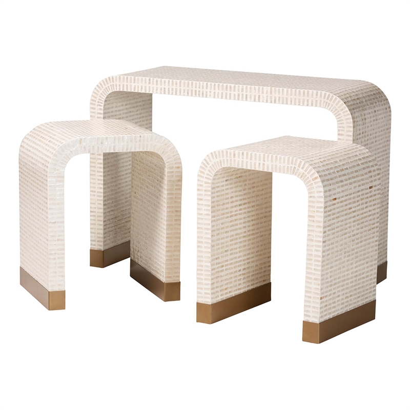 bali & pari Carlyn Beige and White Capiz Shell 3-Piece Accent Table Set